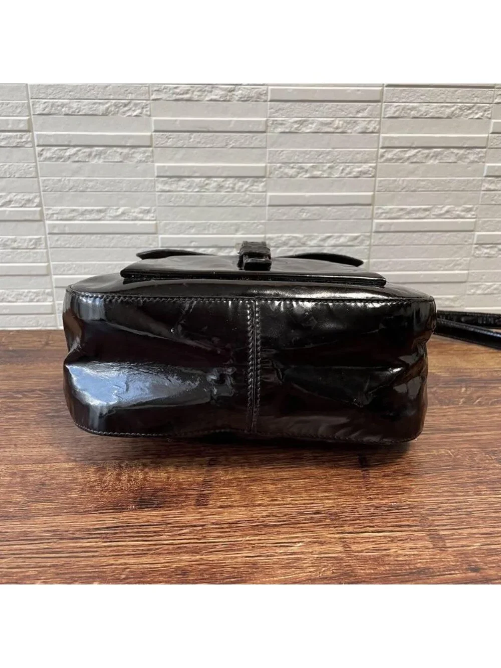 Prada Logo Enamel Patent Leather Shoulder Bag Dark Brown